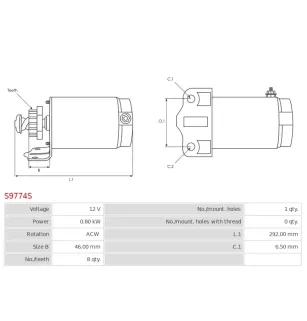 Démarreur 12V 0.80kW 8 dents AS-PL UD19195S, CARGO 110650, 110651, DELCO RS41008, PRESTOLITE 8LHA2072V