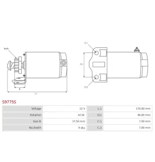 Démarreur 12V 9 dents AS-PL S9775S, UD19073S, KAWASAKI 21163-1136, 21163-1205, 21163-1221