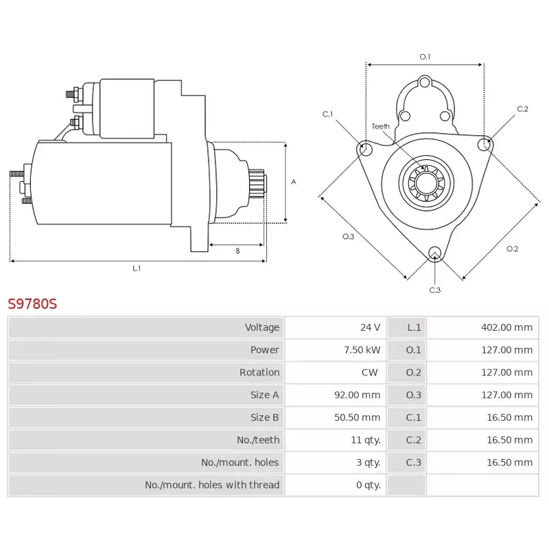 Démarreur 24V 7.50kW 11 dents AS-PL UD102259S, CATERPILLAR 3895796, 3895799, 3900788, PRESTOLITE M105R3077SE