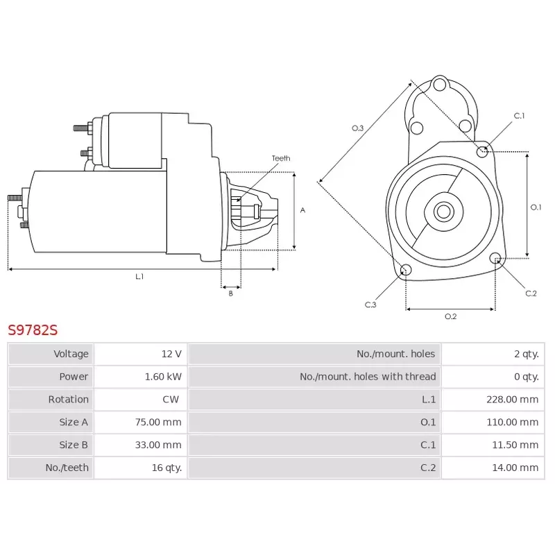 Démarreur 12V 1.60kW 16 dents AS-PL UD102269S, CARGO 116942, HONDA 31200-59B-014, 31200-5AA-A01, 31200-5AA-A02