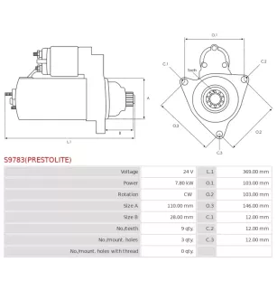 Démarreur 24V 7.80kW 9 dents AS-PL UD21490(PRESTOLITE)S, PRESTOLITE 1321F929Z, 1327A690, 1327A691, 870640Z