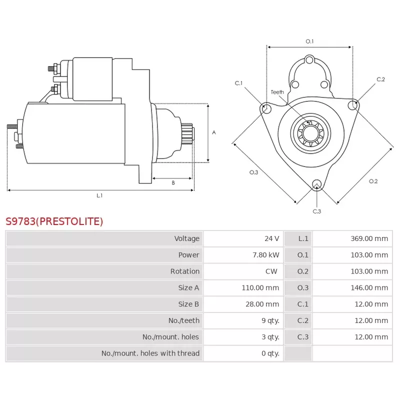 Démarreur 24V 7.80kW 9 dents AS-PL UD21490(PRESTOLITE)S, PRESTOLITE 1321F929Z, 1327A690, 1327A691, 870640Z