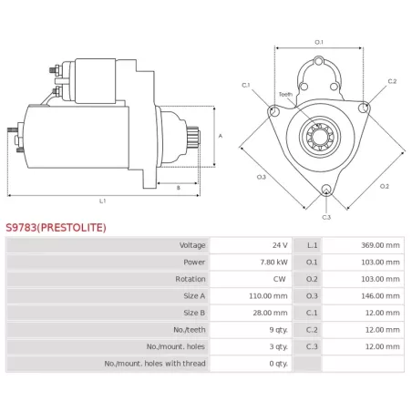 Démarreur 24V 7.80kW 9 dents AS-PL UD21490(PRESTOLITE)S