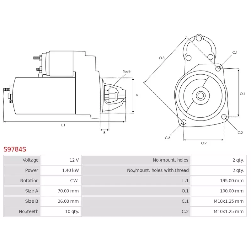 Démarreur 12V 1.40kW 10 dents AS-PL UD102312S, DELCO 8000467, HYUNDAI / KIA 36100-3C171, KRAUF STD2878