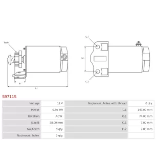 Démarreur 12V 0.50Kw 9 dents HYOSUNG 31100-42A01, 31100-HD6-300, 31100-HG5-100, 31100-HL7-300, KUHNER 255776