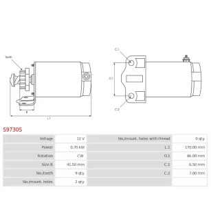 Démarreur 12V 0.70Kw 9 dents AS-PL UD19149S, UD19103S, ARROWHEAD SMU0512, DIXIE 242-06157, CASCO CST33153AS