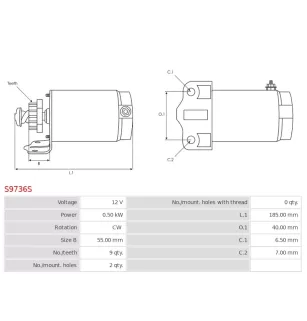 Démarreur 12V 0.50Kw 9 dents ALANKO 10439145, 439145, AS-PL UD19144S, ARROWHEAD SMU0411, HONDA 31200-HN1-A41
