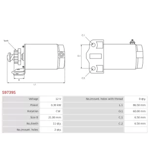 Démarreur 12V 0.30Kw 11 dents HONDA 31200-GBL-000, 31200-GBL-770, 31200-GW0-010, ALANKO 10439123, ARROWHEAD SMU0474