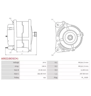 Alternateur 24V 140Amp AS-PL A0022, BOSCH 0120689507, 0120689517, 0120689522, 0120689527