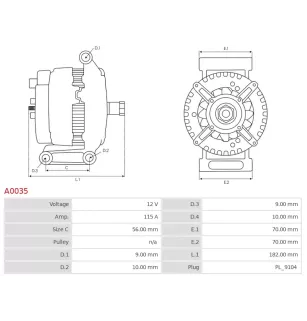 Alternateur 12V 115Amp AS-PL A0035, BOSCH 0123510082, 0123510107, 0123510108, 0124515064
