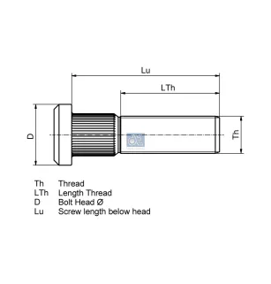 Goujon de roue, 7/8" x 14 UNF, LTh: 37 mm, Lu: 86 mm, D: 40 mm, L: 96 mm, 10.9 Pour Volvo B7, F, FL, N, B12
