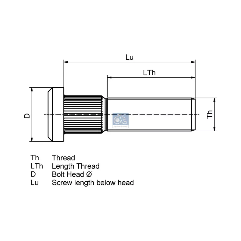 Goujon de roue, 7/8" x 14 UNF, LTh: 37 mm, Lu: 86 mm, D: 40 mm, L: 96 mm, 10.9 Pour Volvo B7, F, FL, N, B12