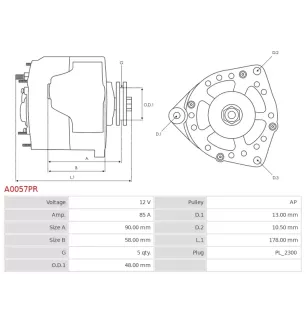 Alternateur 12V 85Amp BOSCH 0124225010, 0124225011, 0986042470, CARGO 112414, DELCO DRA3924