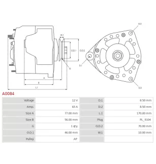 Alternateur 12V 65Amp AS-PL A0084, BOSCH 0120489756, 0986031330, CARGO 112736, DAF 1516565R