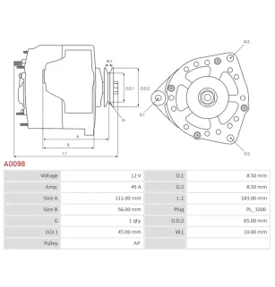 Alternateur 12V 45Amp AS-PL A0098, BOSCH 0120489966, 0120489967, 0986031480, 0986031488