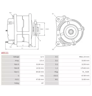 Alternateur 12V 115Amp AS-PL A0111, BOSCH 0120468017, 0120468019, 0120468020, 0120468022