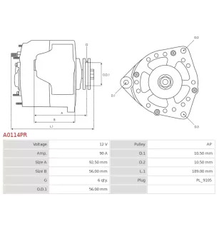 Alternateur 12V 90Amp  BOSCH 0123320010, 0123320045, 0123320061, 0123335003, 0986038170