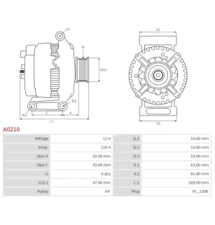 Alternateur 12V 110Amp AS-PL A0210, BMW 12317550224, 12317550319