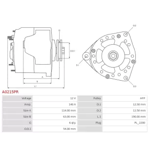 Alternateur 12V 140Amp  BOSCH 0124425059, 0124425097, 0986080380, CARGO 114088, DELCO DA1328
