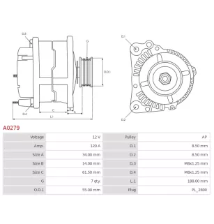 Alternateur 12V 120A Nissan 0124425039 0124425069