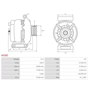 Alternateur 12V 150A Bosch A0282 0121615007