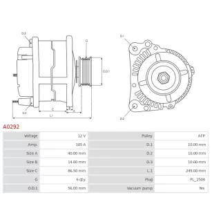 Alternateur 12V 105Amp AS-PL A0292, BOSCH F002G10862, DELCO DRA1442