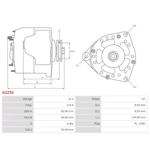 Alternateur 12V 110Amp AS-PL A0294, BOSCH 1986A01072, F000BL0652, LADA 2170370101013, 3EFFE ALTJ267