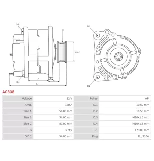 Alternateur 12V 120A Bosch A0308 0124425010