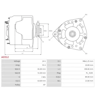 Alternateur 24V 55Amp  BOSCH 0120484040, 9120060033, BXU2456, KRAUF ALB4040, UNIPOINT ALT-2123