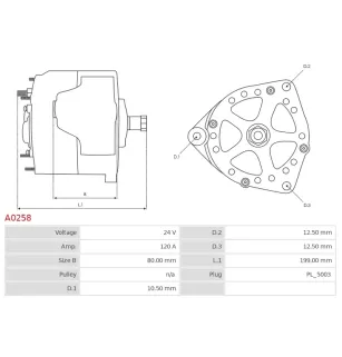 Alternateur 24V 120Amp AS-PL A0258, BOSCH 0124655025, 0124655028