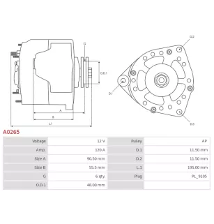 Alternateur 12V 120Amp AS-PL A0265, BOSCH 0123510012, 0123510039, 0123510051, 0123510066