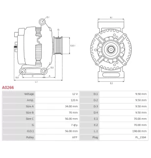 Alternateur 12V 120Amp AS-PL A0266, BOSCH 0124515088, 0124515198, 0986045380, 0986085710