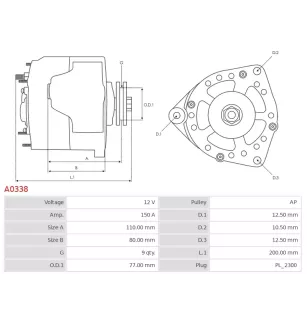 Alternateur 12V 150A Bosch A0338 UD10833A