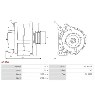 Alternateur 12V 120Amp AS-PL A0376, UD02245A, BOSCH 0123510037, CHRYSLER 038522288F, 04727206