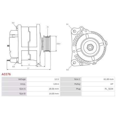 Alternateur 12V 120Amp AS-PL A0376, UD02245A, BOSCH 0123510037, CHRYSLER 038522288F, 04727206