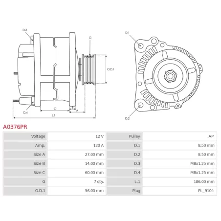 Alternateur 12V 120Amp BOSCH 0123510037, CHRYSLER 038522288F, 04727206, 05014342AB, 385221288F