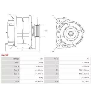 Alternateur 12V 105A Bosch A0399 UD02246A