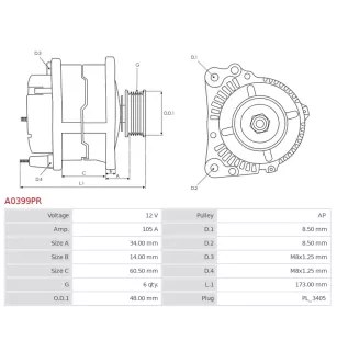 Alternateur 12V 105A Bosch 0124415006 0986041950