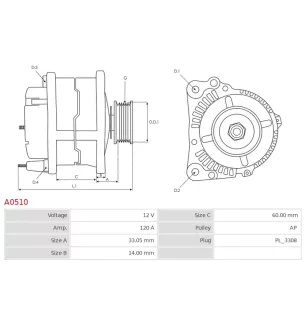 Alternateur 12V 120A Nissan A0510 UD12306A