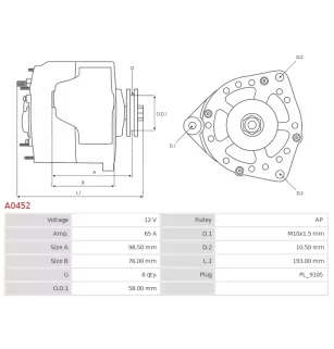 Alternateur 12V 65Amp  AS-PL A0452, UD12239A, BOSCH 9120080184, VW 105909, TJG903015A