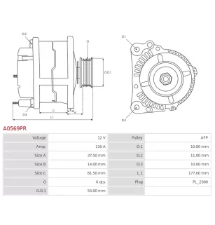Alternateur 12V 110Amp AS-PL A0569PR, BOSCH F000BL0706, F000BL07K9, CARGO 116200, DELCO DA1125