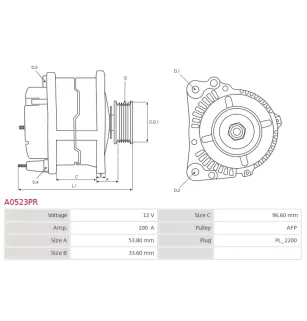 Alternateur 12V 100Amp BOSCH 0124425084, DELCO DRA0776, OPEL 1202197, 1202326, 13284408