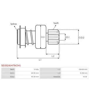 Pignon / lanceur démarreur pour HITACHI S25168, S25168A, S25171, S2550