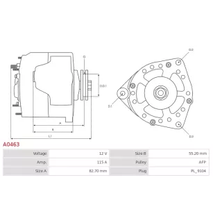 Alternateur 12V 115Amp AS-PL UD12224A, BOSCH 0123510044, 0123510058, 0123510102, 0986041110