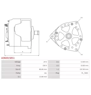 Alternateur 24V 150Amp AS-PL UD03808(SEG)A, BOSCH 0124655073, 0124655291, 0124655292, 0986085990