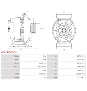 Alternateur 24V 80Amp AS-PL A0624(BOSCH), UD809526(BOSCH)A