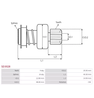 Pignon / lanceur démarreur pour VALEO D6G3, D6G32, D6G321, D6G33, D6G3