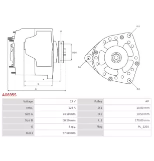 Alternateur 12V 125Amp AS-PL UD10068A, BOSCH 0124425035, 0124425101, 0124425105, CHEVROLET 15204278