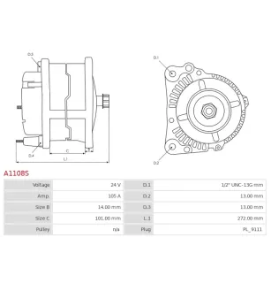 Alternateur 24V 105Amp AS-PL UD21583A, CATERPILLAR 2667227, DELCO 8600332, 8600384, 8600398