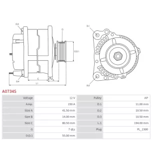 Alternateur 12V 150A Bosch A0734S UD20704A